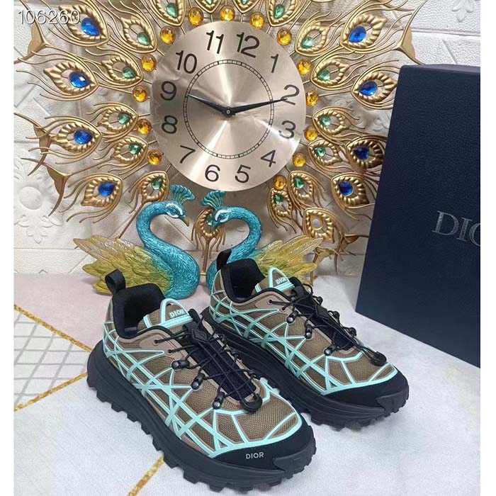 Dior Unisex Shoes CD B31 Runner Sneaker Khaki Technical Mesh Turquoise Rubber Warped Cannage