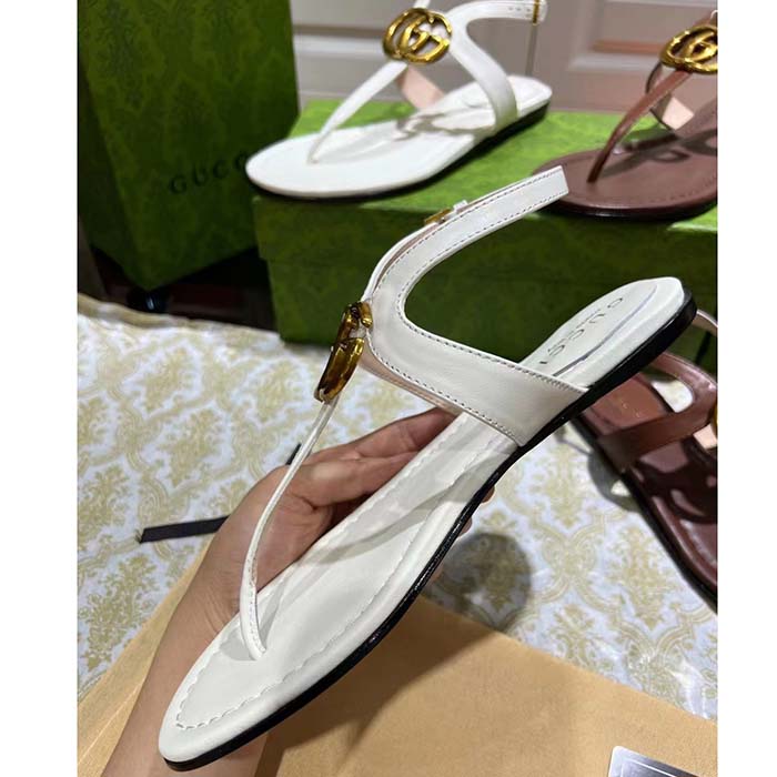Gucci Women GG Double G Thong Sandal White Leather Flat 0.5 CM Heel