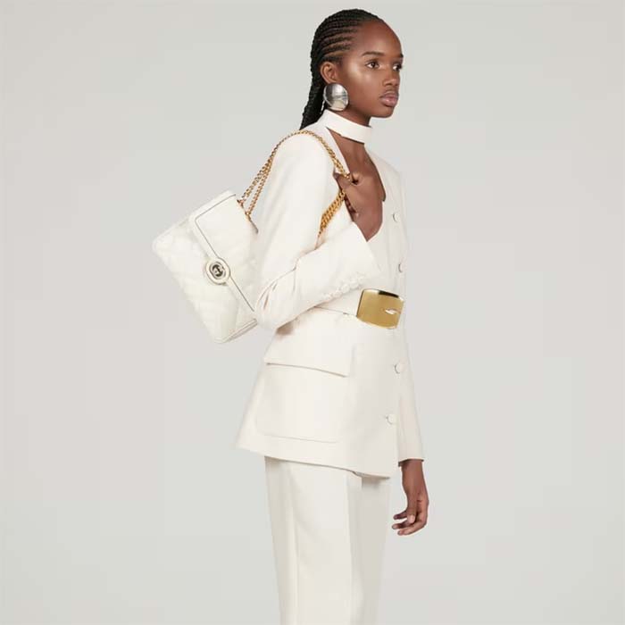 Gucci Women GG Deco Small Shoulder Bag Off White Quilted Leather