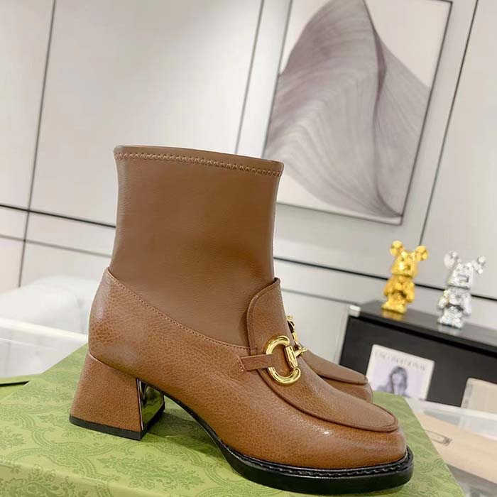 Gucci Women GG Boots Horsebit Brown Smooth Leather Stretch Leather Mid 5.3 CM Heel