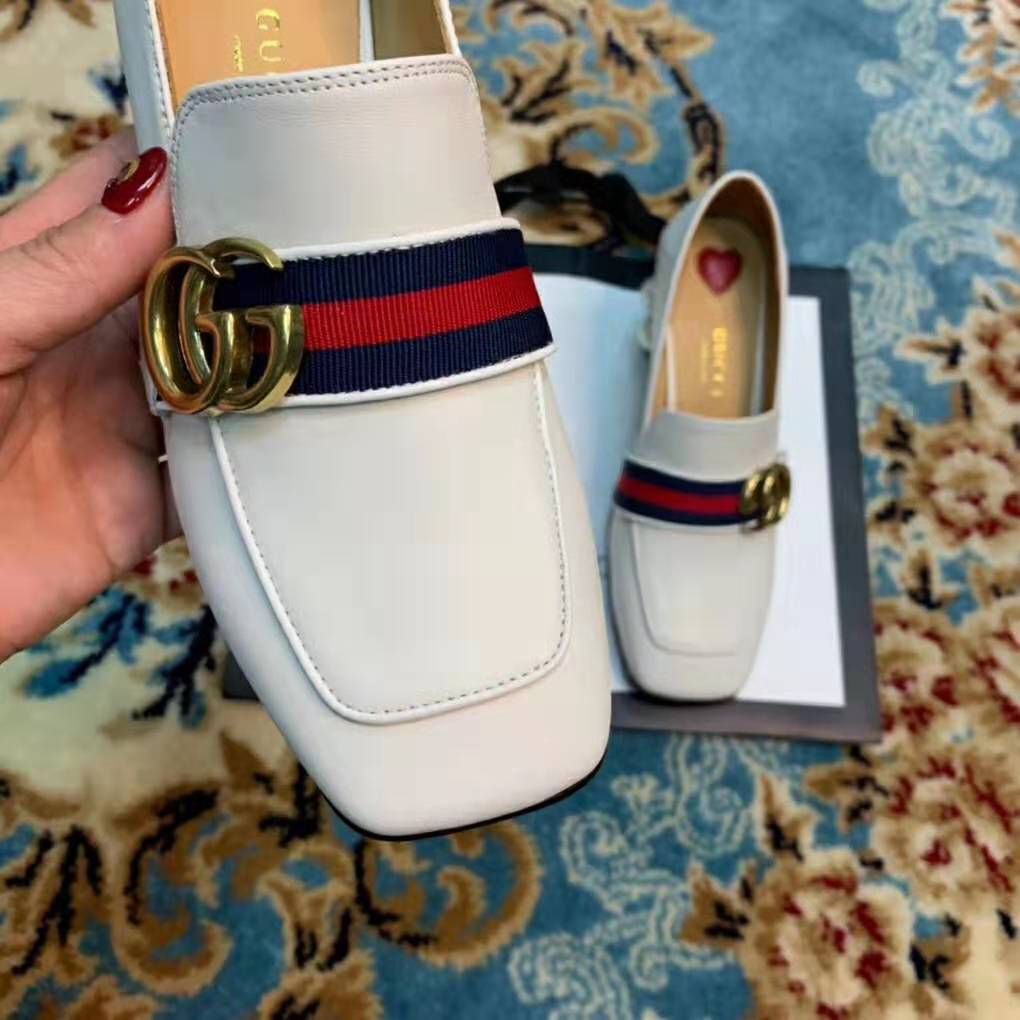 Gucci Women Leather Mid-Heel Loafer 3″ Heel-White