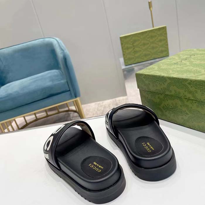 Gucci Unisex GG Slide Sandal Black White Leather Script Rubber Flat