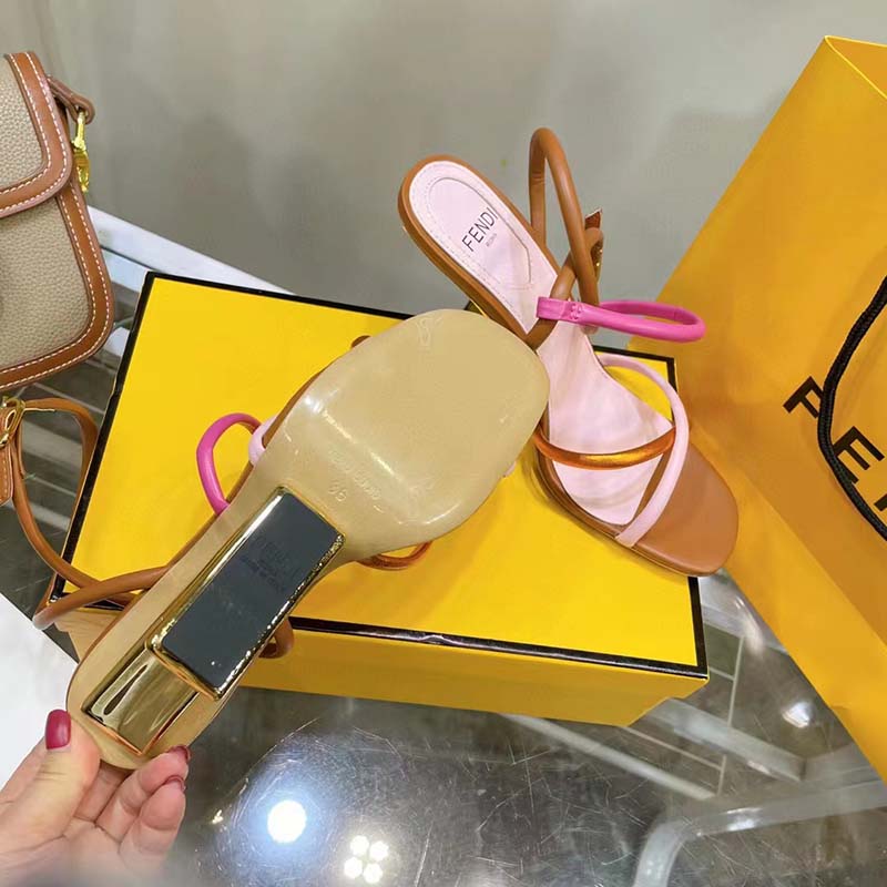 Fendi Women FF First Pink Nappa Leather High-Heeled Sandals 9.5 cm Heel