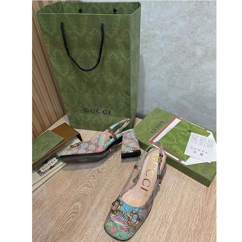 Gucci Women GG Tiger Mid-Heel Slingback Tiger Flower Beige Ebony Supreme Canvas