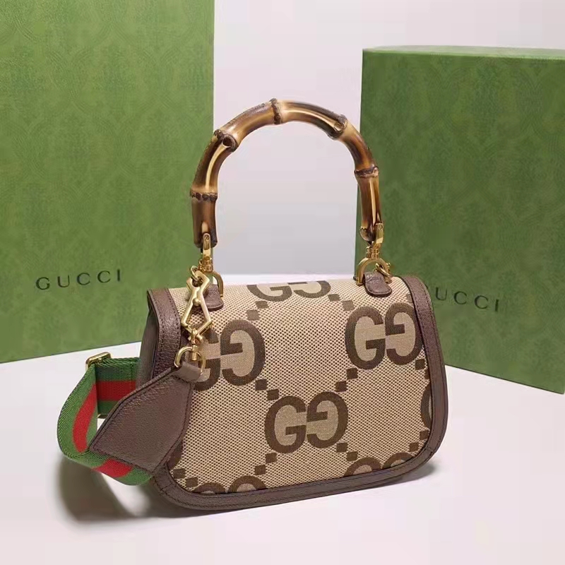Gucci Women Bamboo 1947 Jumbo GG Mini Bag Brown Camel Ebony Canvas