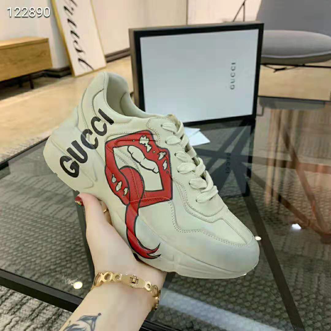 Gucci Unisex Rhyton Sneaker with Mouth Print-Beige