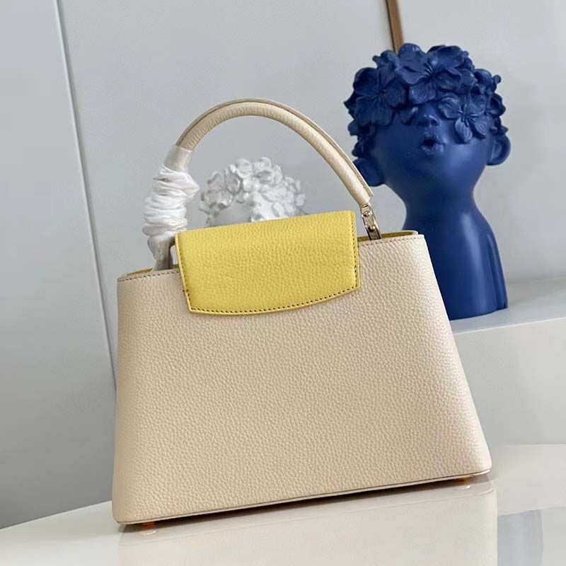 Louis Vuitton LV Women Capucines MM Handbag Yellow Beige Taurillon Leather Canvas