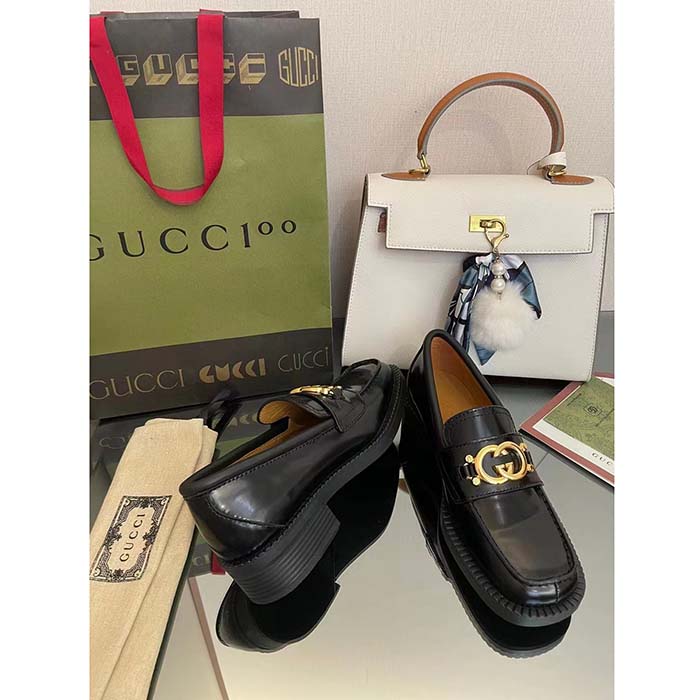Gucci Unisex GG Loafer Interlocking G Shiny Black Leather Studs Rubber Low Heel