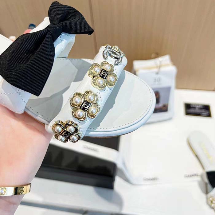 Chanel Women Mules Lambskin White Black 1.5 Cm Heel