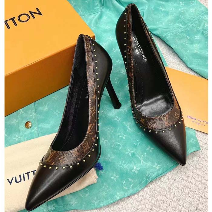 Louis Vuitton LV Women Signature Pump Black Calf Leather Patent Monogram Canvas 9.5 Cm Heel