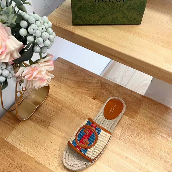 Gucci Unisex GG Interlocking G Espadrille Natural Raffia Leather Round Flat Sandal