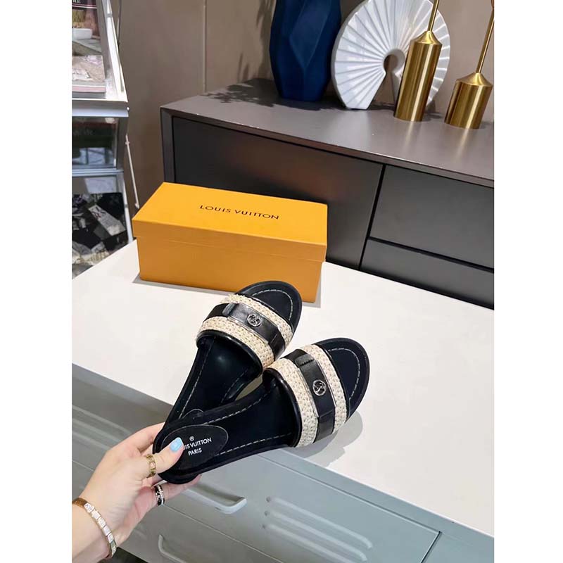 Louis Vuitton LV Women Lock It Flat Mule Black Raffia Calf Leather