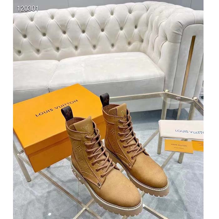 Louis Vuitton Unisex LV Ranger Ankle Boot Beige Nubuck Calf Leather Monogram Denim