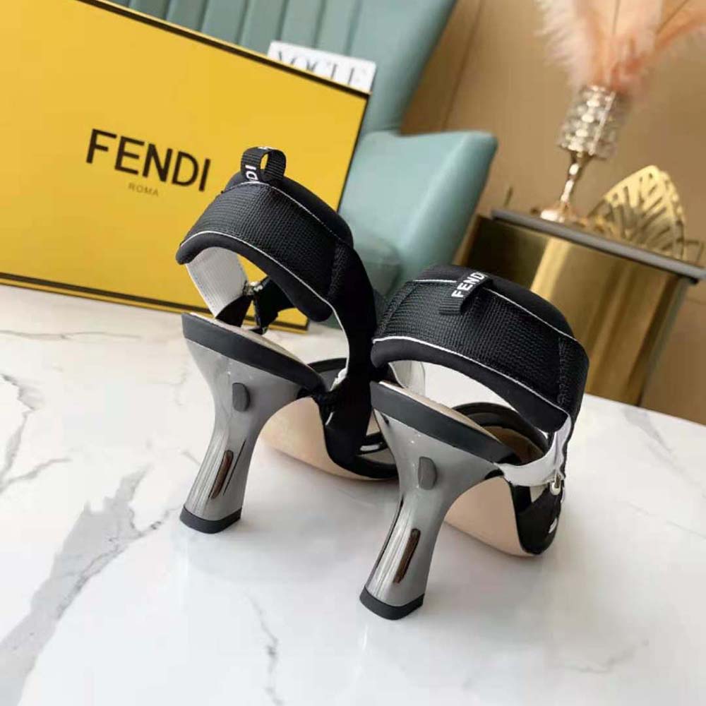 Fendi Women Colibri Black Mesh High-Heel Slingbacks with Metal Stitches