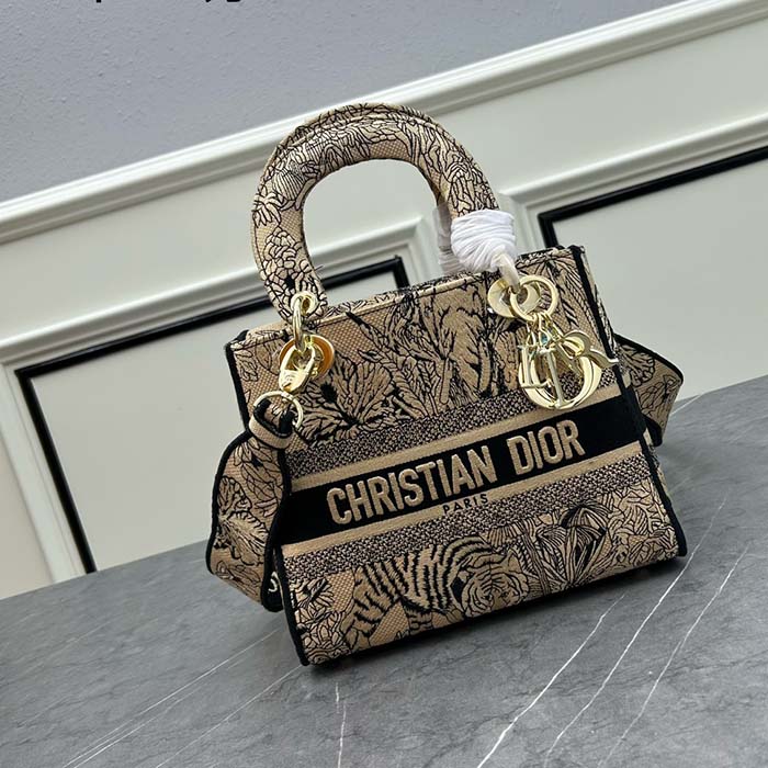 Dior Women CD Medium Lady D-Lite Bag Beige Multicolor Toile De Jouy Voyage Embroidery