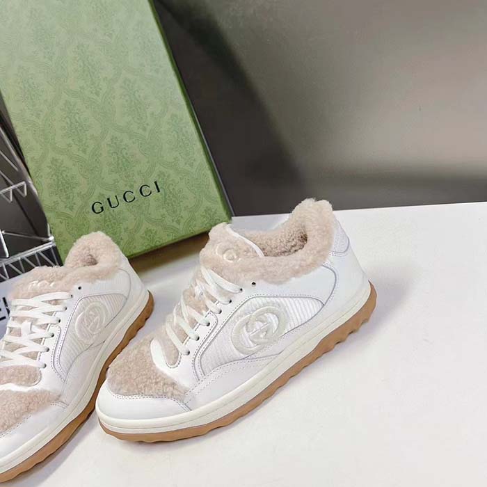Gucci GG Unisex MAC80 Sneaker Off White Leather Merino Wool Round Toe Rubber Flat