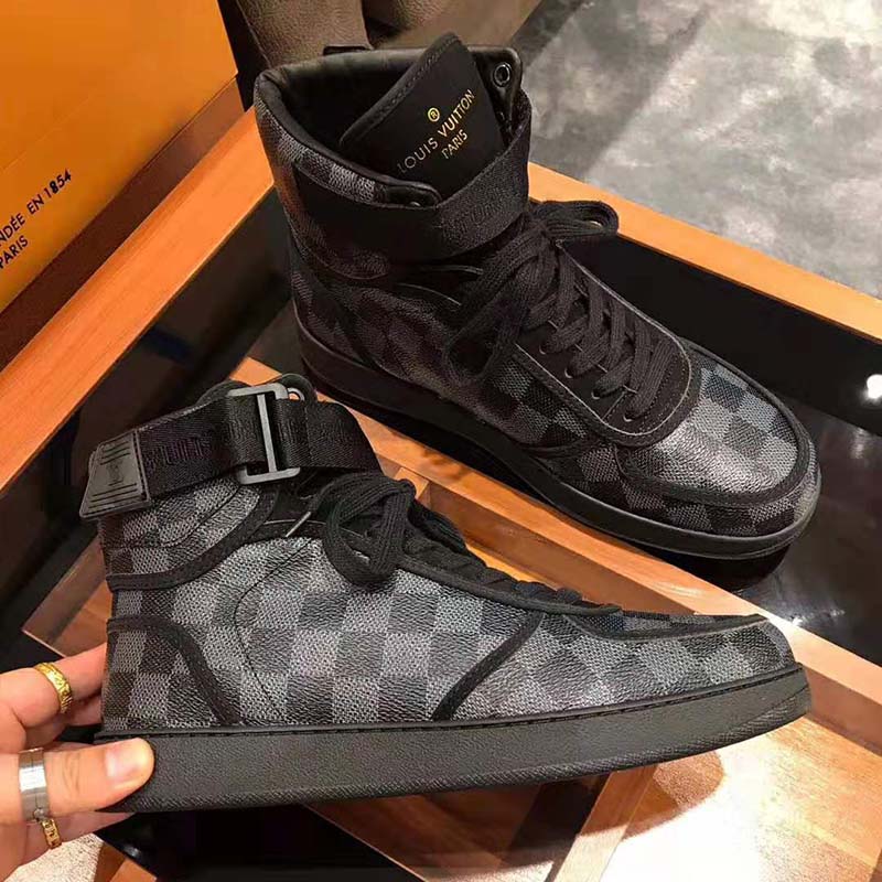 Louis Vuitton LV Men Rivoli Sneaker Boot Shoes in Iconic Damier Graphite Canvas-Grey