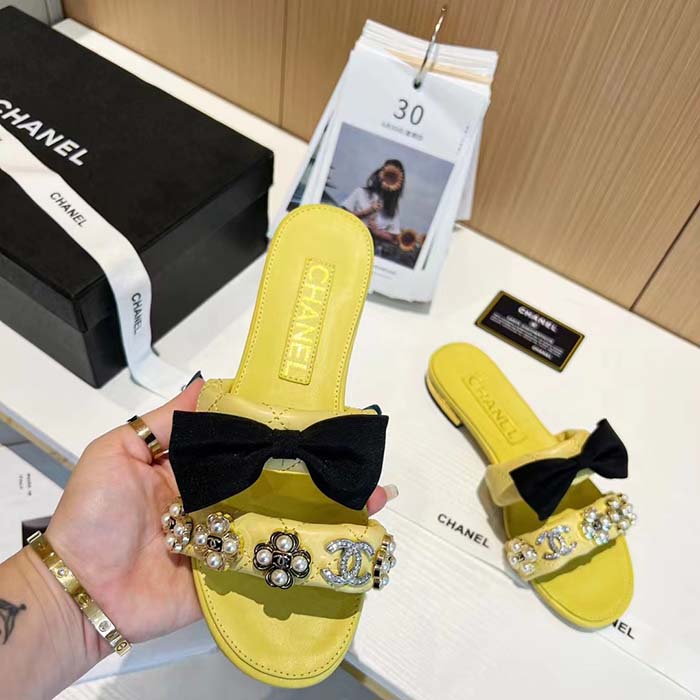 Chanel Women Mules Lambskin Yellow Black 1.5 Cm Heel