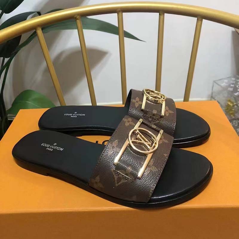 Louis Vuitton Unisex Lock It Flat Mule Brown Patent Monogram Canvas Leather Outsole