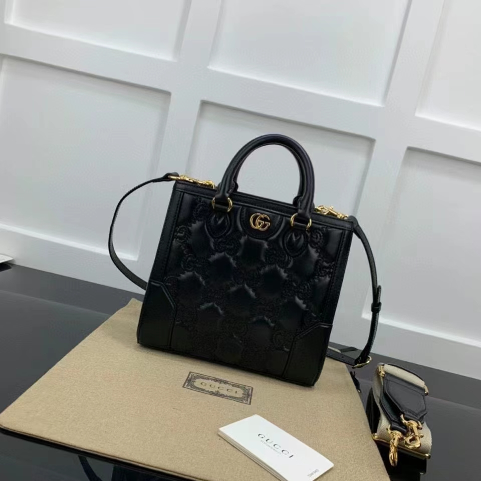 Gucci Women GG Matelassé Mini Top Handle Bag Black Leather Double G