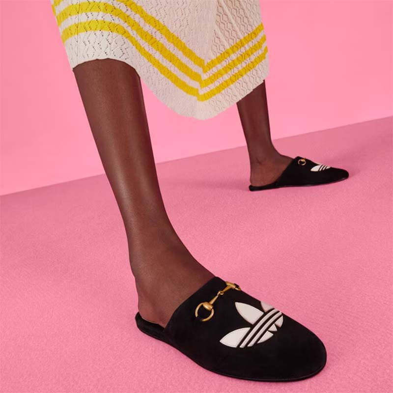 Gucci Women GG Adidas x Gucci Women’s Trefoil Slipper Black Suede Flat