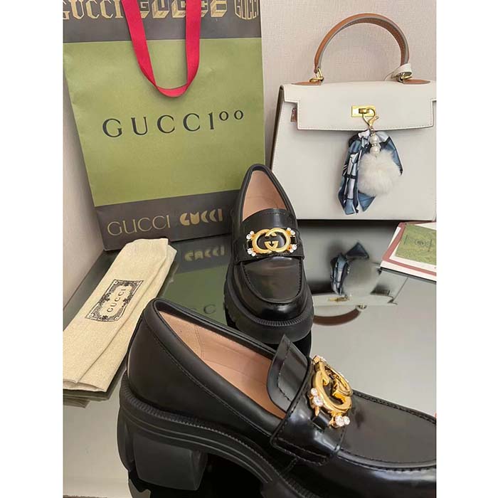 Gucci Women GG Lug Sole Interlocking G Loafer Black Patent Leather Low Heel Rubber