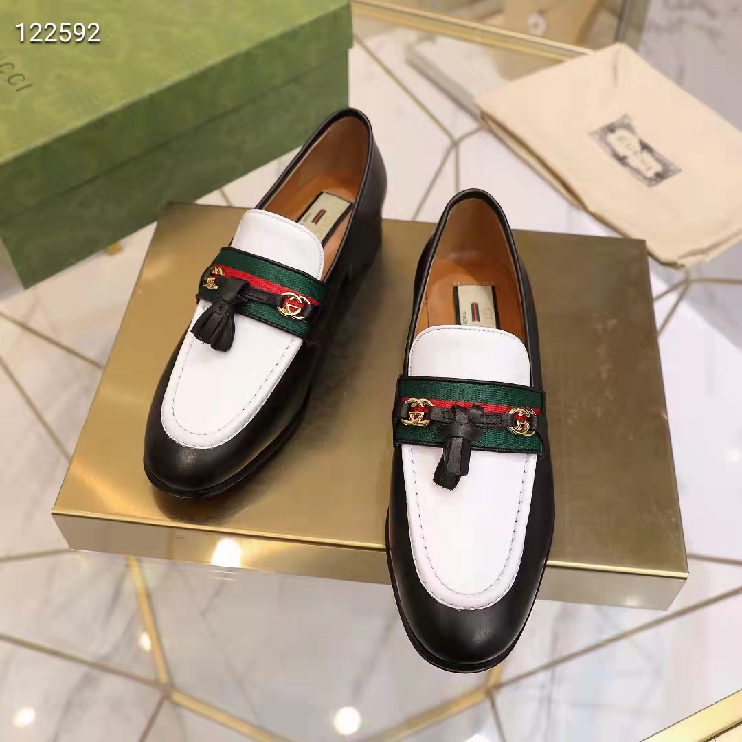 Gucci Unisex GG Loafer Web Interlocking G White Black Leather Green Red Web