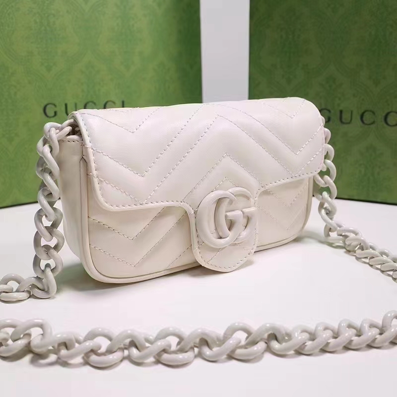 Gucci Women GG Marmont Belt Bag White Chevron Matelassé Leather Double G