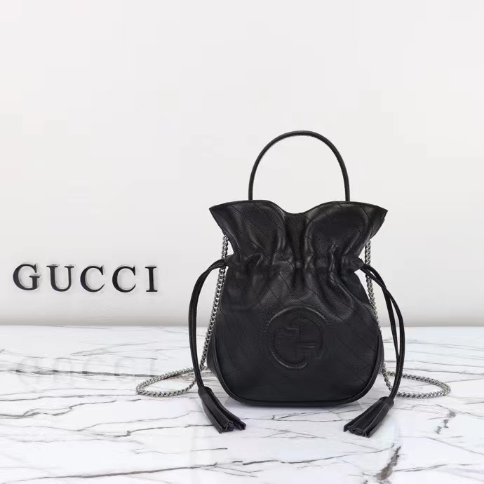 Gucci Women GG Blondie Mini Bucket Bag Black Leather Round Interlocking G