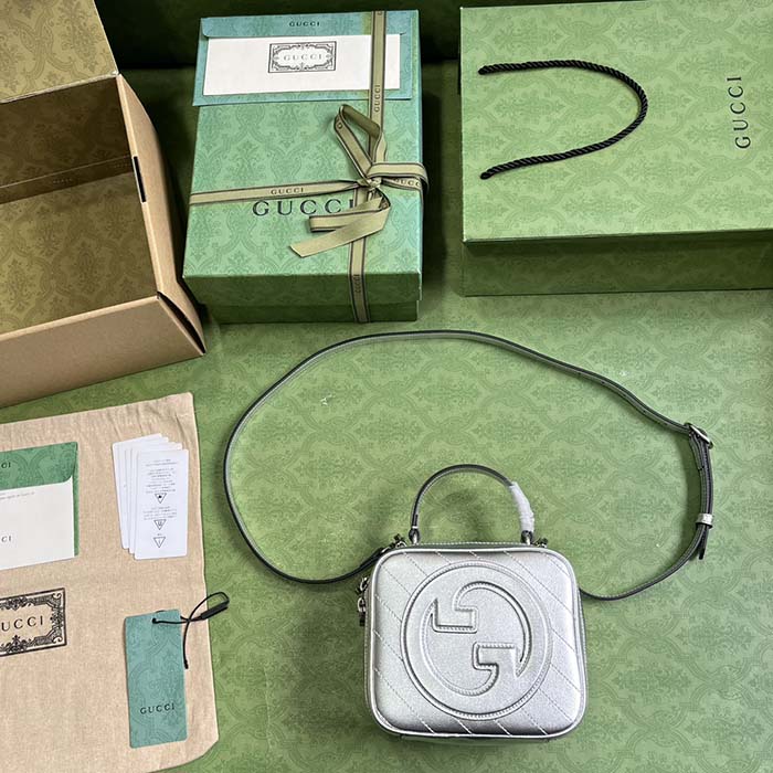 Gucci Women GG Blondie Top Handle Bag Metallic Silver Leather Round Interlocking G