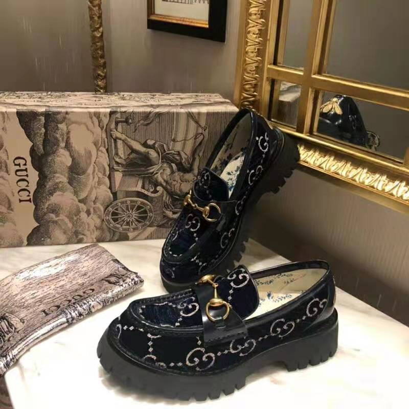 Gucci Women GG Velvet Lug Sole Loafer in GG Velvet 2.5 cm Heel-Navy