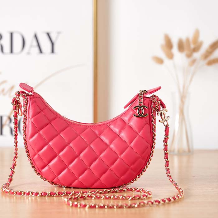 Chanel Women CC Small Hobo Bag Lambskin Shiny Light Gold Metal Pink