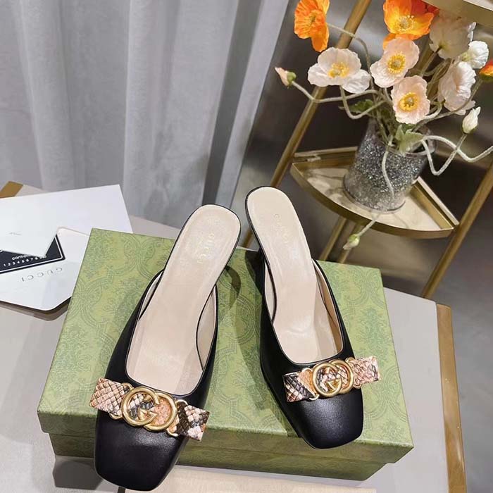 Gucci Women GG Interlocking G Mule Black Leather Square Toe Leather Mid-Heel