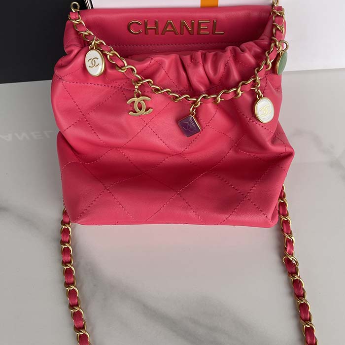 Chanel Women CC Small Bucket Bag Lambskin Resin Gold-Tone Metal Pink