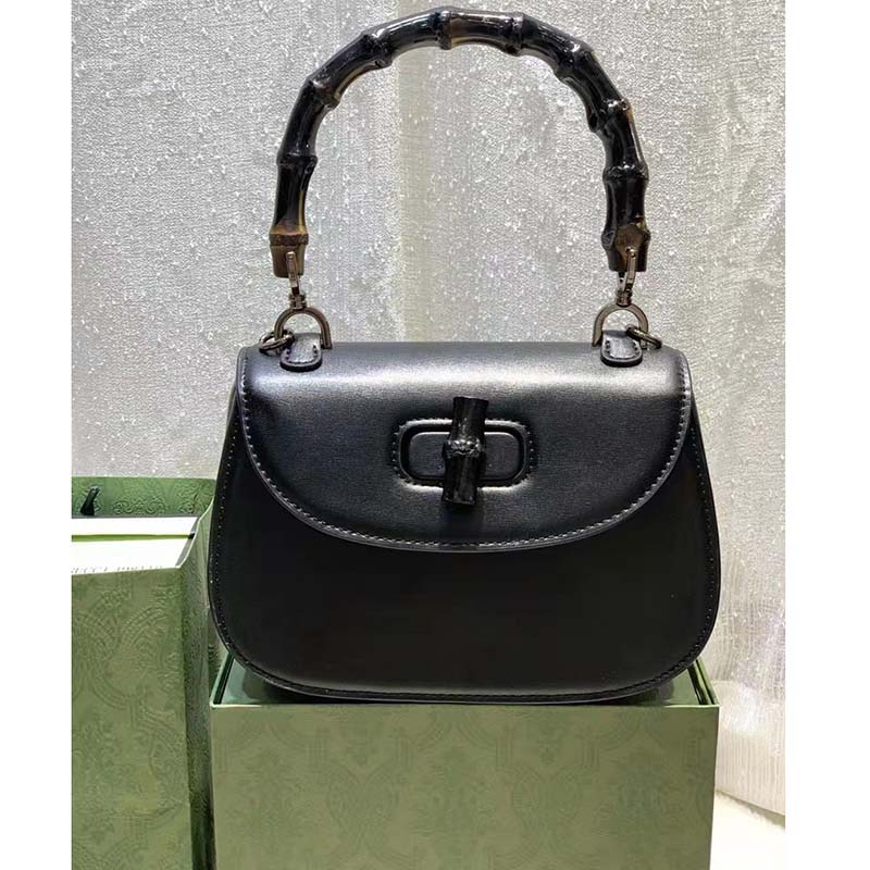 Gucci Women GG Small Top Handle Bag Bamboo Black Leather