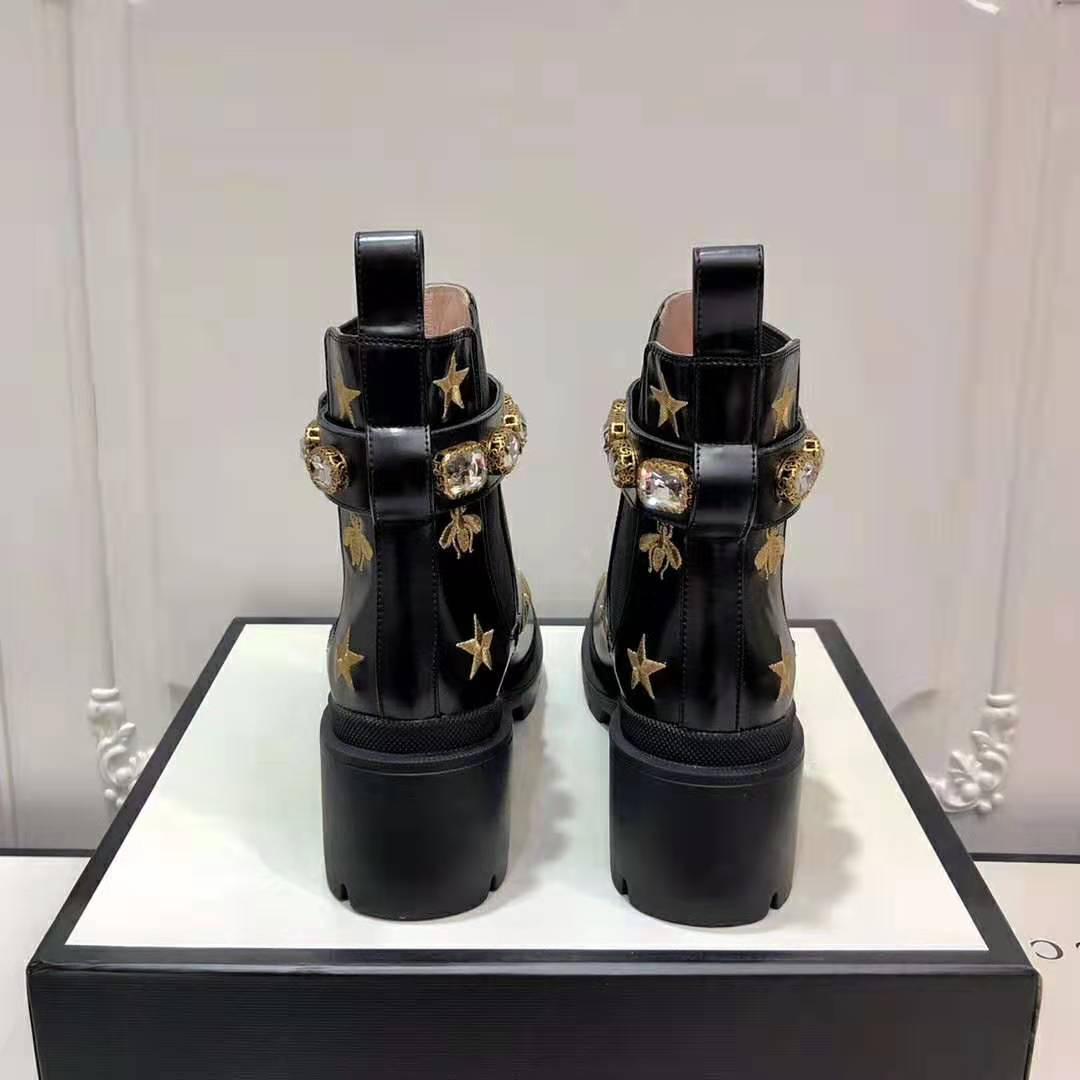 Gucci Women Gucci Embroidered Leather Ankle Boot with Belt in Black leather 6 cm Heel