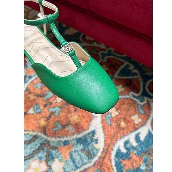 Gucci Women GG Double G Ballet Flat Light Green Leather Square Toe 1.5 CM Heel