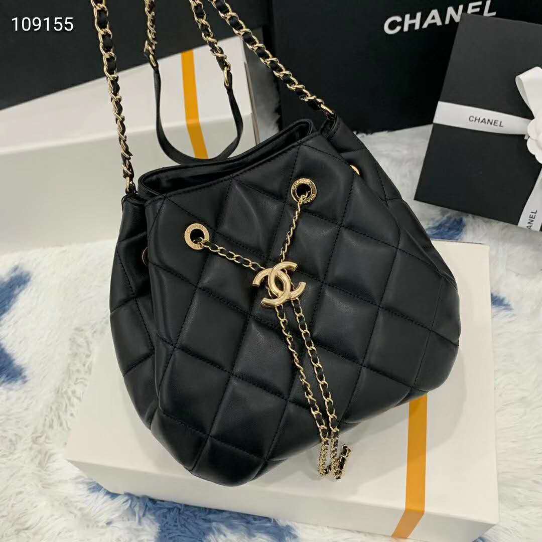 Chanel Women Drawstring Bag Aged Calfskin & Silver-Tone Metal-Black