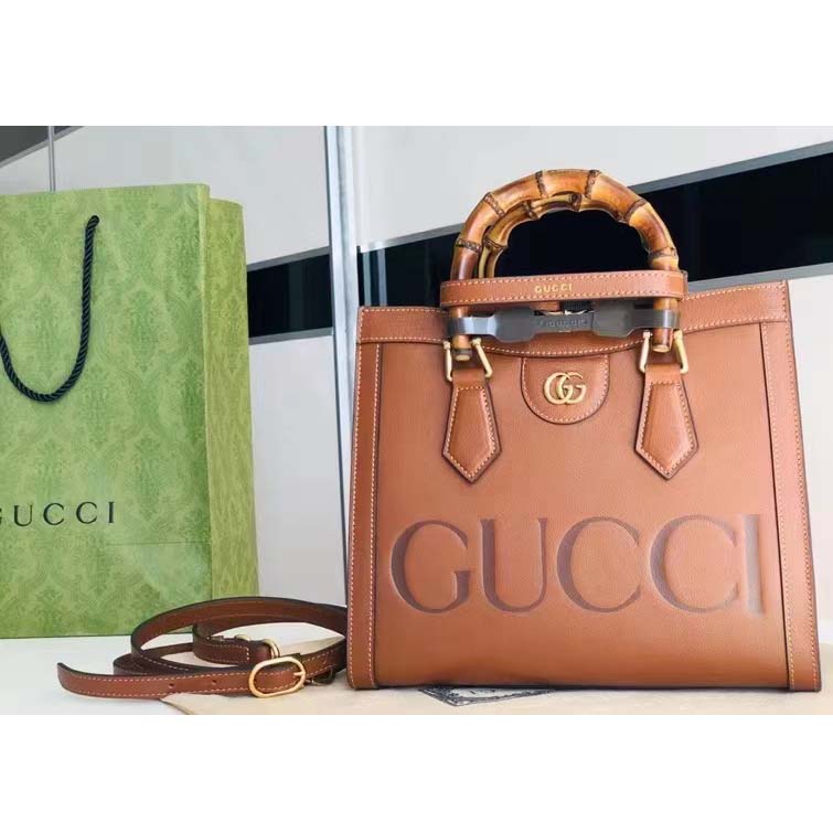 Gucci Women GG Diana Small Tote Bag Double G Brown Leather