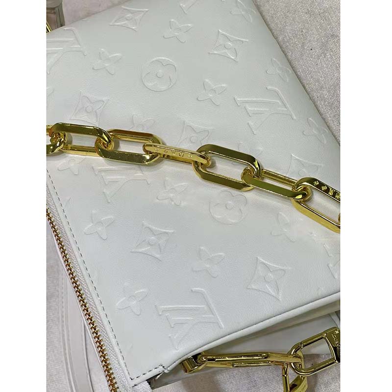 Louis Vuitton LV Women Coussin PM Cream Monogram-Embossed Puffy Lambskin Calfskin