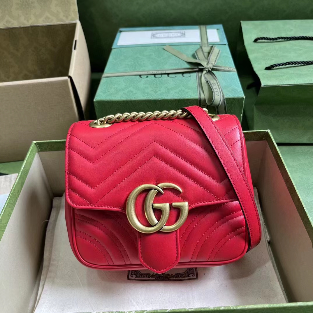 Gucci Women GG Marmont Matelassé Mini Shoulder Bag Red Matelassé Chevron Leather