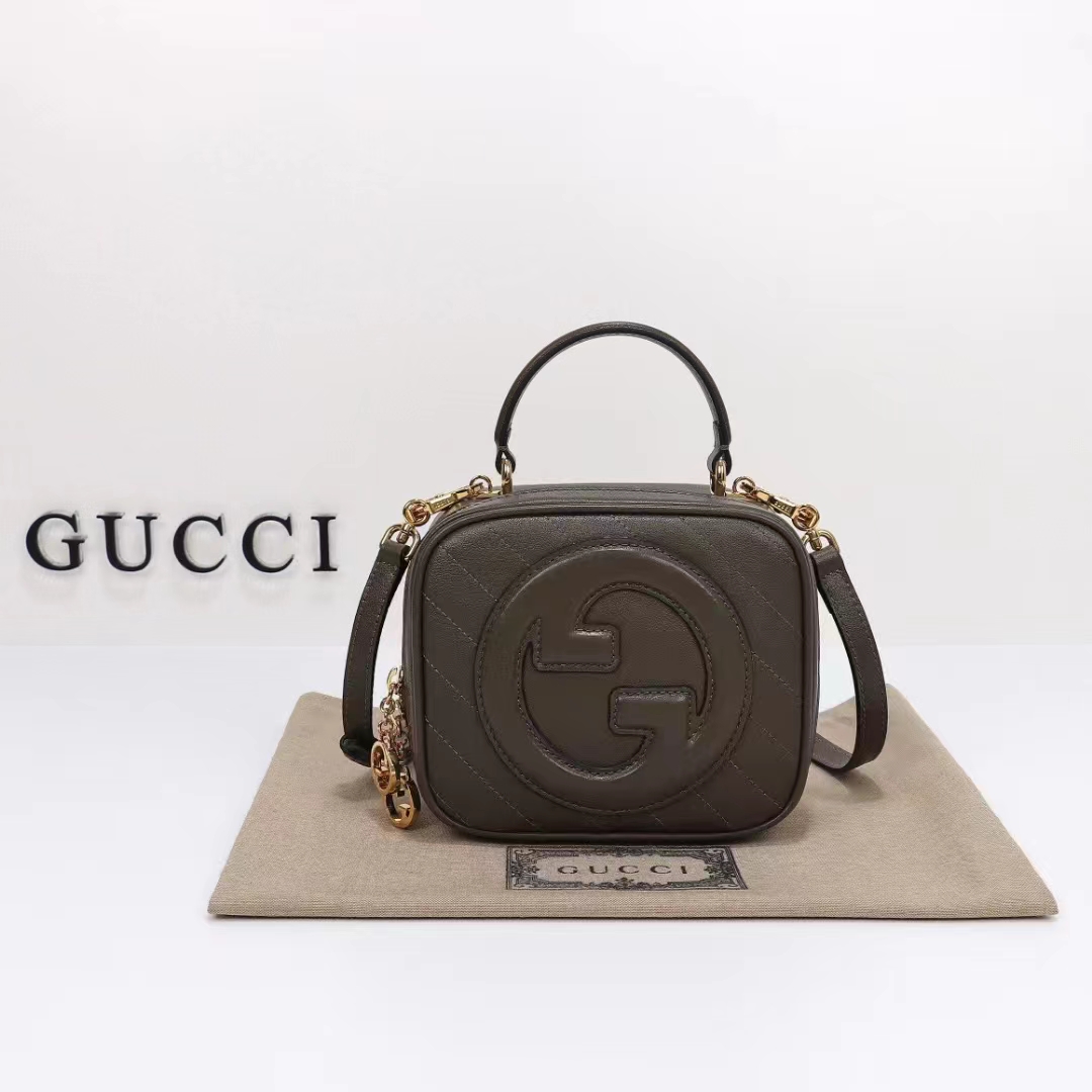 Gucci Women GG Blondie Top Handle Bag Brown Leather Round Interlocking G