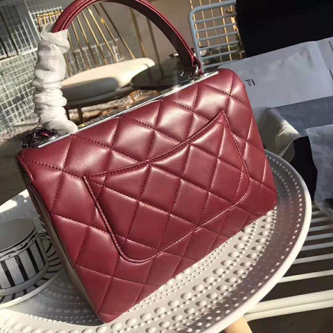 Chanel Women Small Flap Bag with Top Handle in Lambskin Leather-Maroon