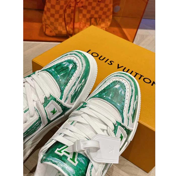 Louis Vuitton LV Unisex Trainer Sneaker Green Printed Calf Leather Rubber Outsole Monogram Flowers