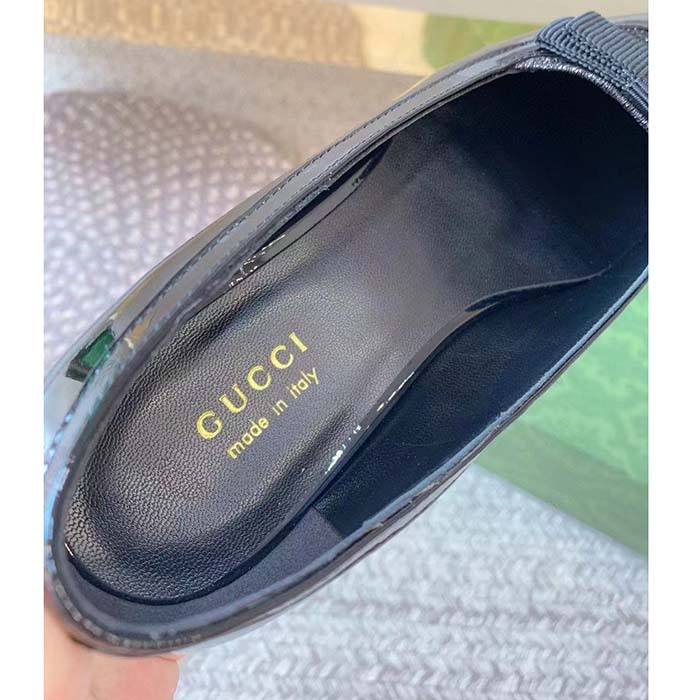 Gucci Women Ballet Flats GG Canvas Black Patent Leather Bow Sole Square Toe