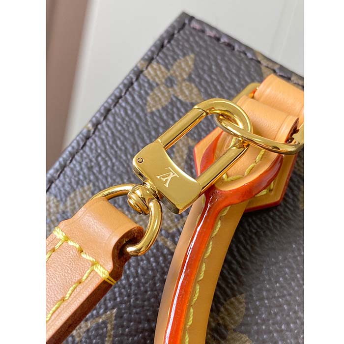 Louis Vuitton LV Unisex Petit Sac Plat Bag Monogram Coated Canvas Aged Natural Cowhide Leather