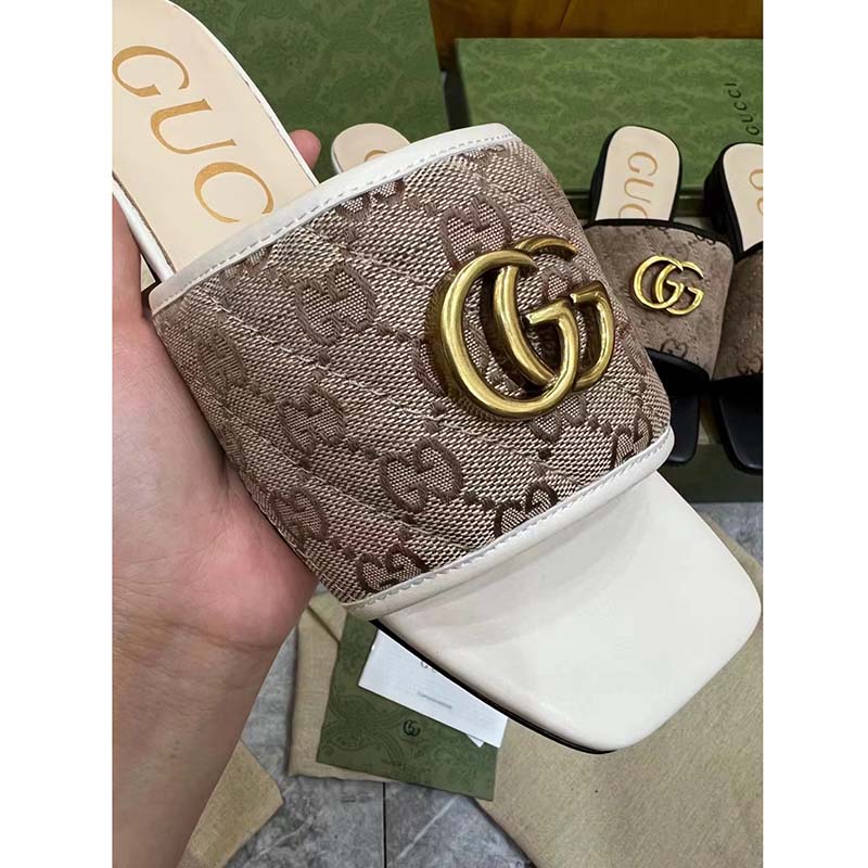 Gucci Women’s GG Matelassé Canvas Slide Sandal Double G Square Toe Leather Flat