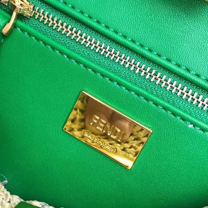 Fendi Women Peekaboo Iconic Mini Natural Raffia Bag Green Nappa