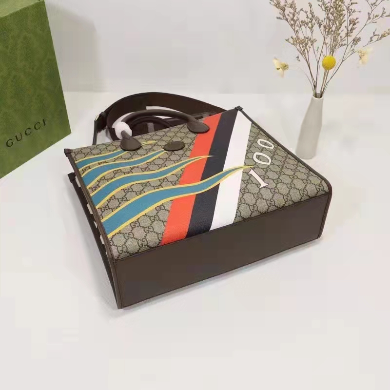 Gucci Unisex Medium Tote Geometric Print Beige Ebony GG Supreme Canvas