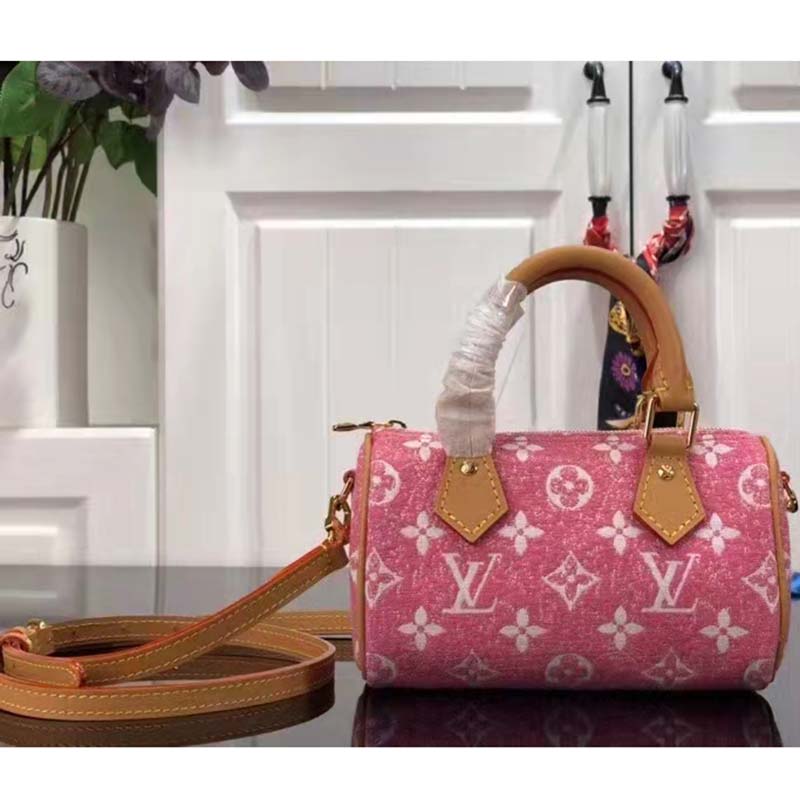 Louis Vuitton LV Women Nano Speedy Monogram Jacquard Denim Pink Cowhide Leather